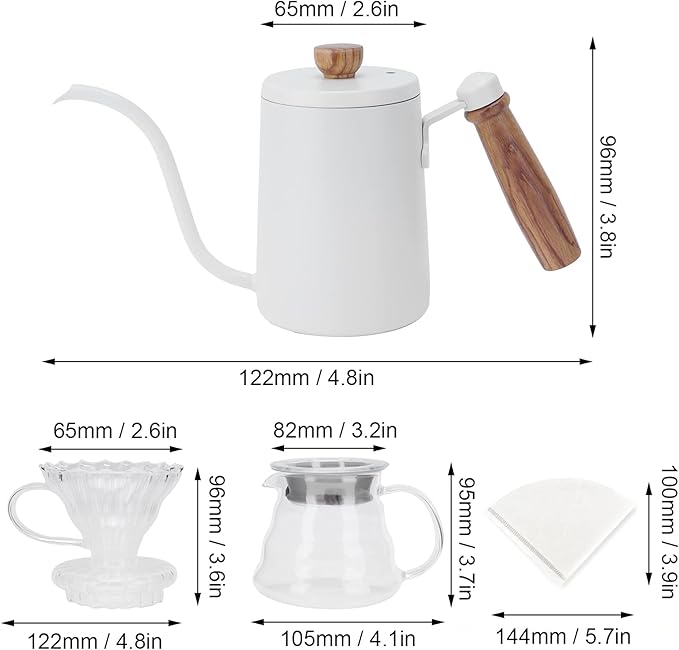 EVTSCAN Pour Over Kettle 5Pcs/Set Pour Over Coffee Maker Set Brewing Drip Coffee Coffee Pot Filter Funnel Kit Gift(White)