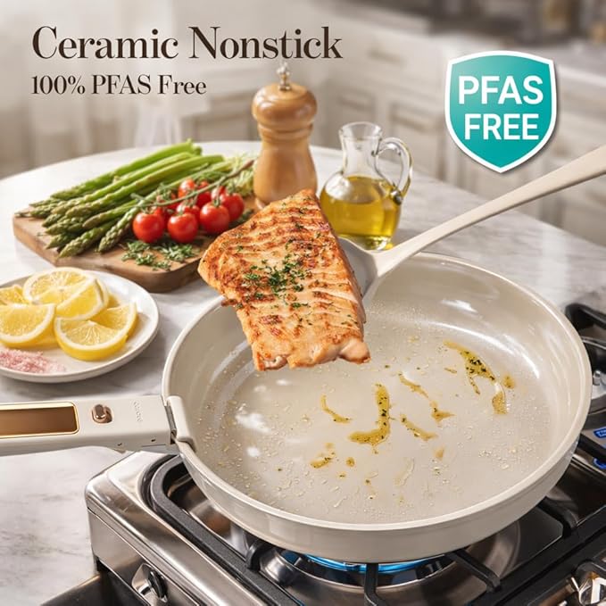 CAROTE 18Pcs Ceramic Cookware Set with Detachable Handle Pots and Pans Set Non Stick Non Toxic Cookware Set Removable Handles Induction Kitchen Cookware Sets Dishwasher/Oven Safe