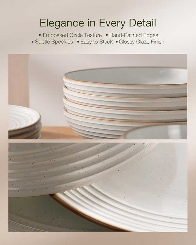 Famiware Jupiter Stoneware Dinnerware Sets Handcrafted Plates and Bowls with Embossed Swirl &amp Speckles White - Chip &amp Scratch Resistant Dishwasher Microwave Safe Minimalist Dishes for 8 (24