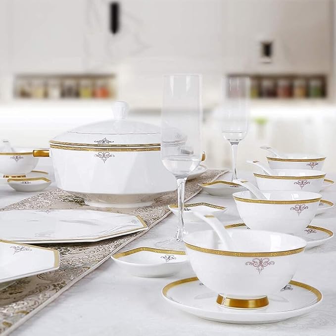 Dinnerware Sets - Luxury Gift Dishes Service Set Ceramics Dinnerware Set with 56 Pieces Bowl/Dish/Soup Pot/Spoon|Bone China Dinner Sets Octagonal Fold Design Porce