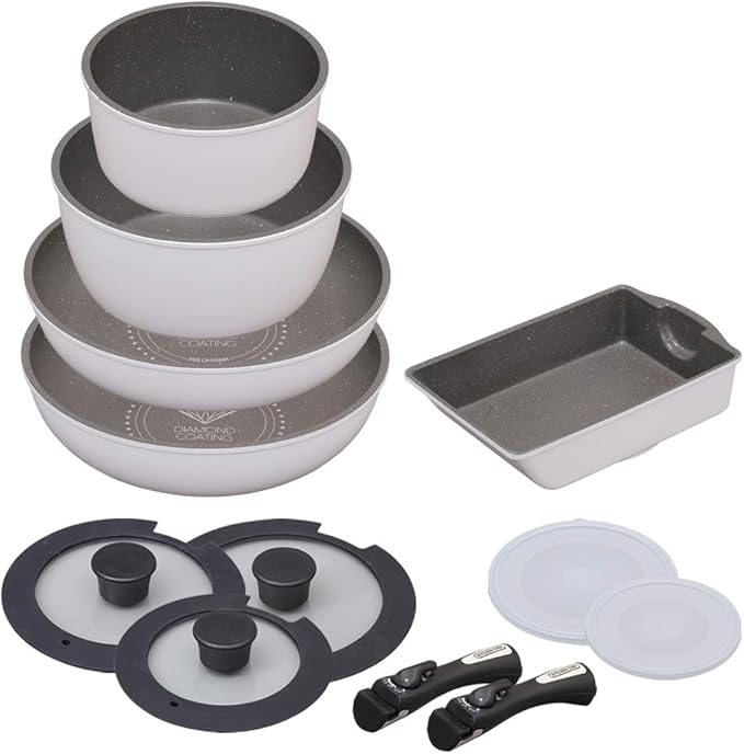 Iris Ohyama ISN-SE12 Frying Pan and Pot Set 12-Piece Set Gas Stove Induction Compatible Lightweight Easy Care Removable Handle Diamond Coat Diamond Coated Pan White/Marble