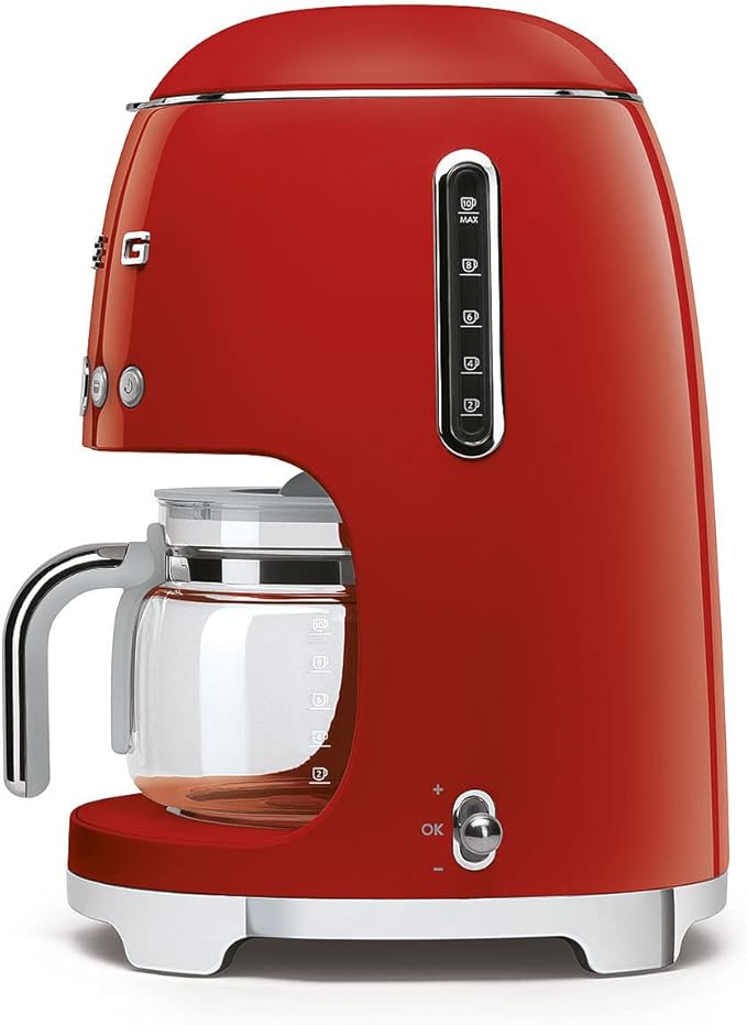 Smeg DCF02RDUK Drip Coffee Machine Auto-Start Mode Reuseable Filter Digital Display Anti-Drip System Aroma Intensity Option 1.4 Litre Tank Red