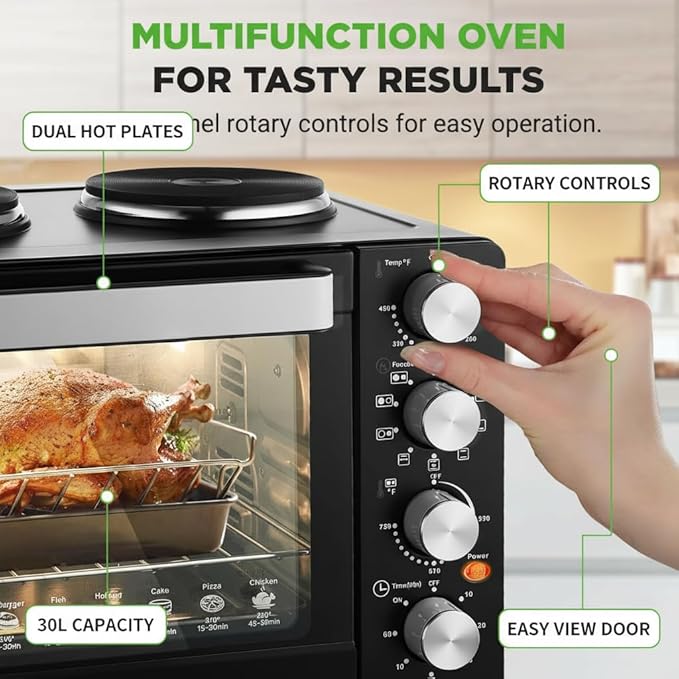 NutriChef 30 Quart Kitchen Convection Oven &amp 2 Burner Cooker - 1500 Watt Oven - 7 Cook Functions Rotisserie Cook Bake Broil &amp More - Includes Baking Tray Skewers &amp Handles - 19.6 x 16.