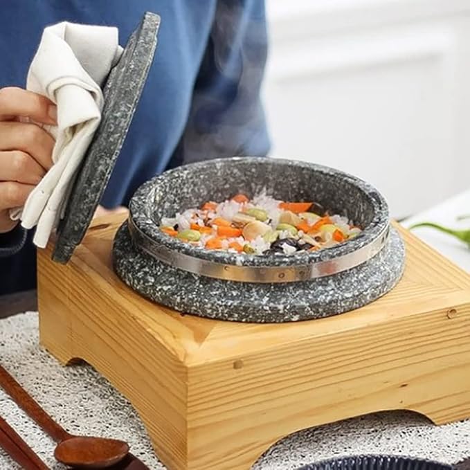 Stone pot Non-stic Traditional Stone Rice Cooker with wood stand Cauldron Multi Cooker-Bibimbab for 1–2 people 6.2×3.3 inch