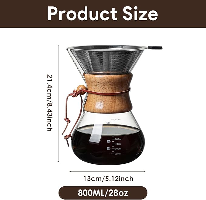 Wood Neck Pour Over Coffee Maker with Stainless Steel Filter 800ml(27oz) Glass Coffee Pot Drip Coffee Brewer for Home Cafe Camping Gift - Permanent Reusable Filter No Paper Needed(800ml)