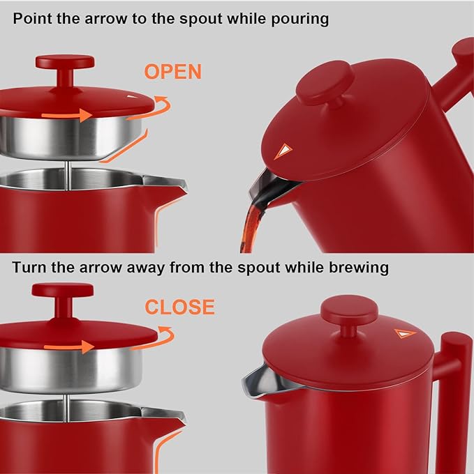 Secura French Press Coffee Maker 304 Grade Stainless Steel Insulated Coffee Press with 2 Extra Screens 34oz (1 Litre) Red