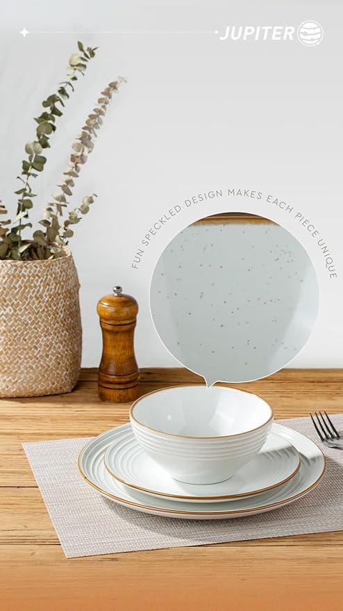Famiware Nebula Series Plates and Bowls Sets for 4 Jupiter Series 12 Pieces Stoneware Dinnerware Sets 24-Piece Dishes Set White