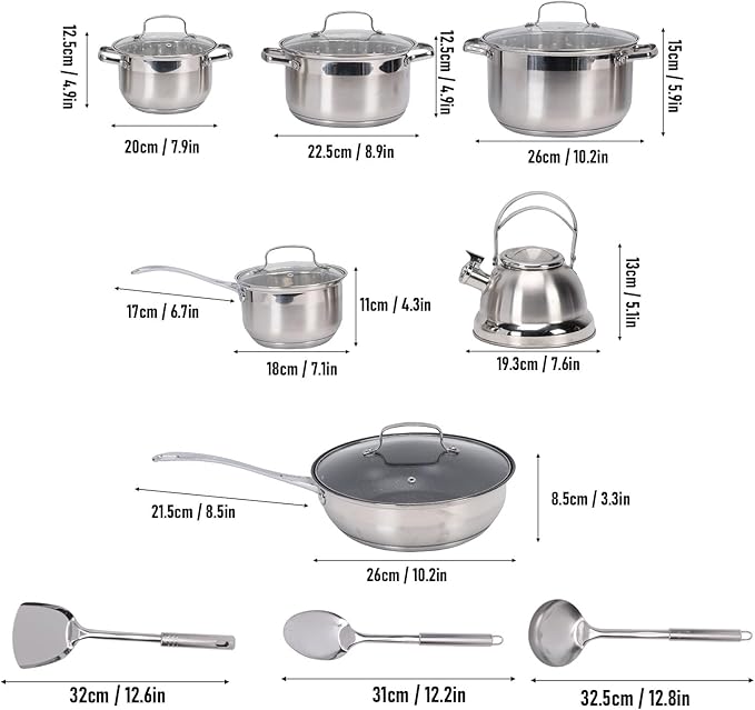 Stainless Steel Cookware Set Flat Bottom Pots and Pans Set Includes 3 Saucepans 1 Milk Pot 1 Frying Pan Water Kettle Induction Cooker for Kitchen Cooking