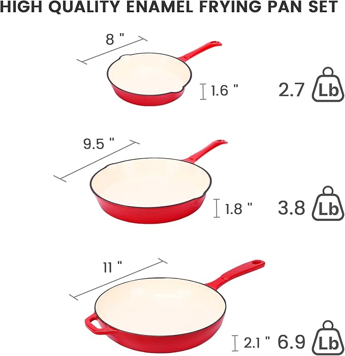 Hisencn Enameled Cast Iron Frying Pan Set 3 Piece Set of 8''/9.5''/11'' Skillets PFAS &amp PTFE &amp PFOA Free Gas/Induction/Electric/Oven Compatible Rouge Red
