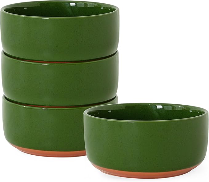 Stoneware Cereal and Soup Bowls Set of 4 6-Inch Dual Glaze Ceramic Bowls for Breakfast &amp Oatmeal Microwave and Dishwasher Safe Forest Glaze Green