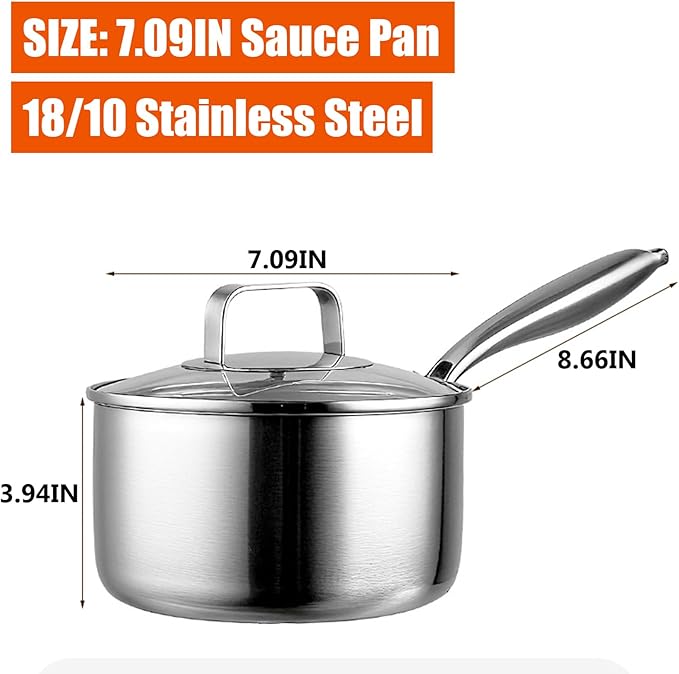 5 Ply Clad Stainless Steel 8-Piece Cookware Set with Lids Frying Pan &amp Soup Pot Wok and Milk Pot No Coating Non-Stick Kitchen Set Even Heating Frying Pans Compatible with All Cooktops7.0