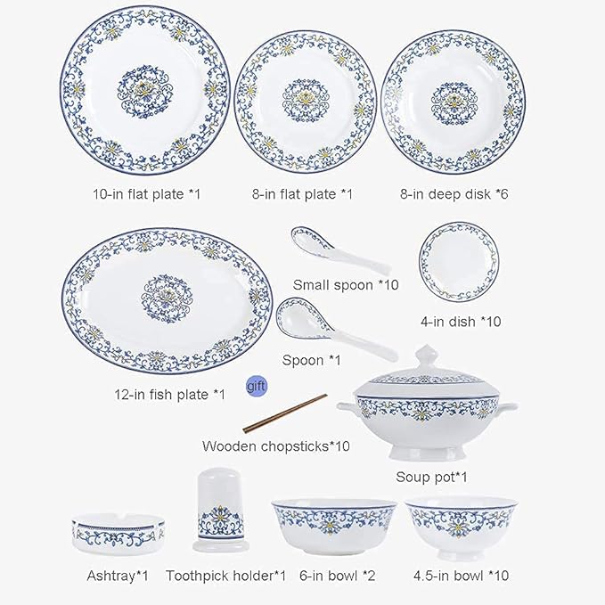 Ceramics Dinner Sets 58 Pieces Dinnerware Set Blue and White Porcelain Style Bowl/Spoon/Plate - Family Party and Kitchen Restaurant