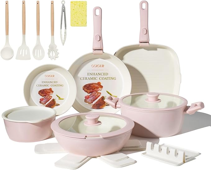 23Pcs Ceramic Cookware Set Non Stick Pots and Pans Set Non Toxic with Detachable Handle Induction Kitchen Cookware Set Space Saving Oven &amp Dishwasher Safe Light Pink