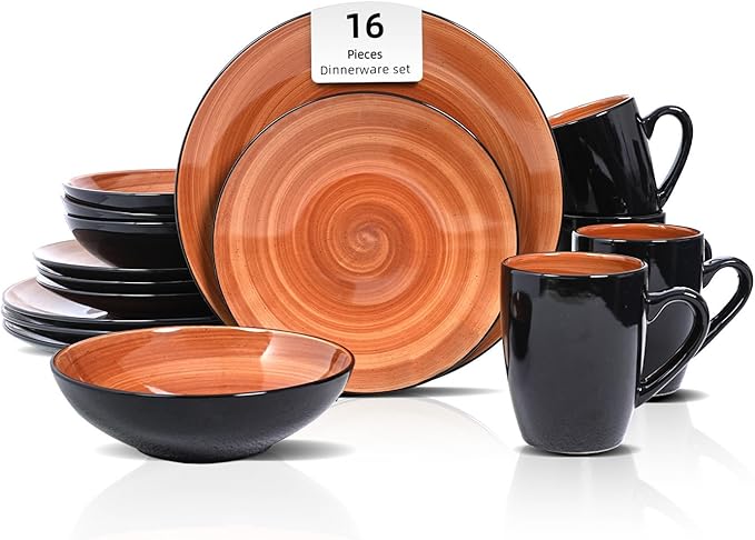Sonoma Stoneware 16pc Dinnerware Set Outside Black + Inside Hand Painting Color Spice