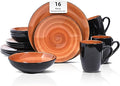 Sonoma Stoneware 16pc Dinnerware Set Outside Black + Inside Hand Painting Color Spice