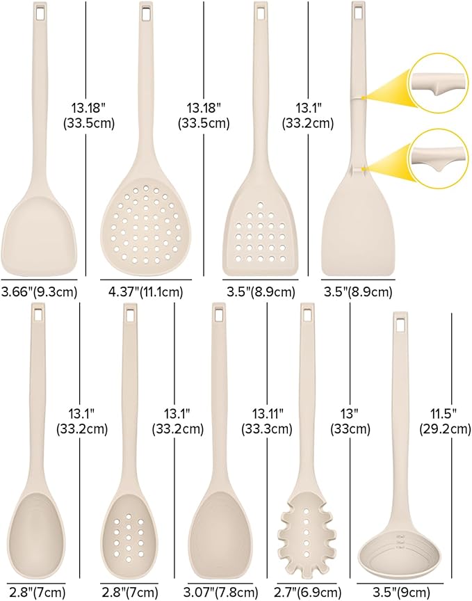 Silicone Cooking Utensils Set 9 Pcs Heat Resistant Kitchen Utensils with Back Hooks BPA Free Kitchen Tools with Spatulas Spoons Skimmer and Pasta Fork for Non Stick Cookware(KHAKI)