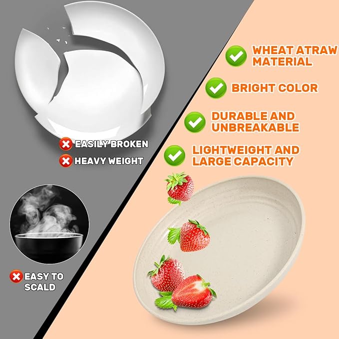 Wheat Straw Dinnerware Sets - SGAOFIEE 36 Piece Unbreakable Dinnerware Sets Reusable Wheat Straw Plates and Bowls Sets Travel Camping Cutlery Set Dishwasher Microwave Safe Dinnerware-Beige White