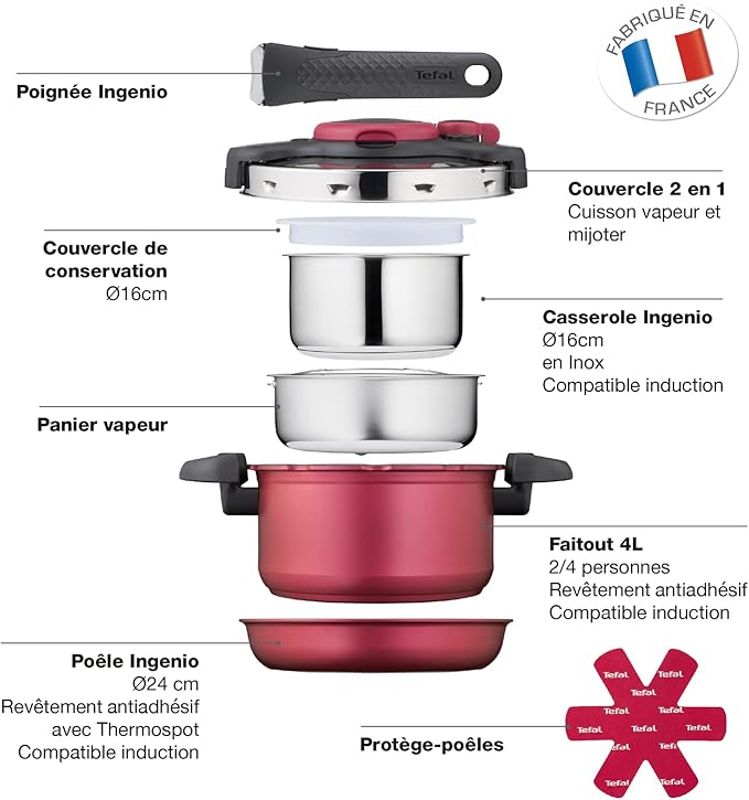 Tefal Ingenio All-In-One 8-Piece Cookware Set Cooking Pot Non-Stick Pan Stainless Steel Saucepan Steamer Basket Lids