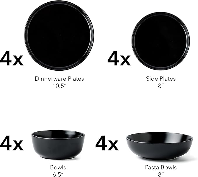 SKUGGA Round Stoneware 16pc Double Bowl Dinnerware Set for 4 Dinner Plates Side Plates Cereal Bowls Pasta Bowls - Matte Black (467586)