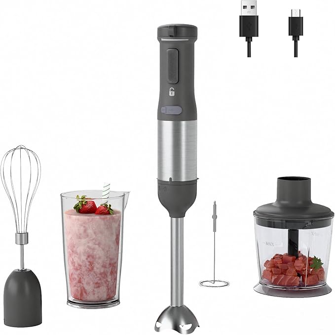 Cordless Immersion Hand Blender 5-in-1 Variable Speed blender handheldRechargeable with 2000mAh Battery BPA-Free &amp Dishwasher-Safe Accessories:700ml BeakerChopperWhisk &amp Milk FrotherGrey