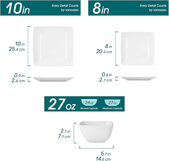 vancasso Soho Dinnerware Sets 12 Pieces White Stoneware Square Place Setting Dinner Plate Dessert Plate Bowls Service for 4