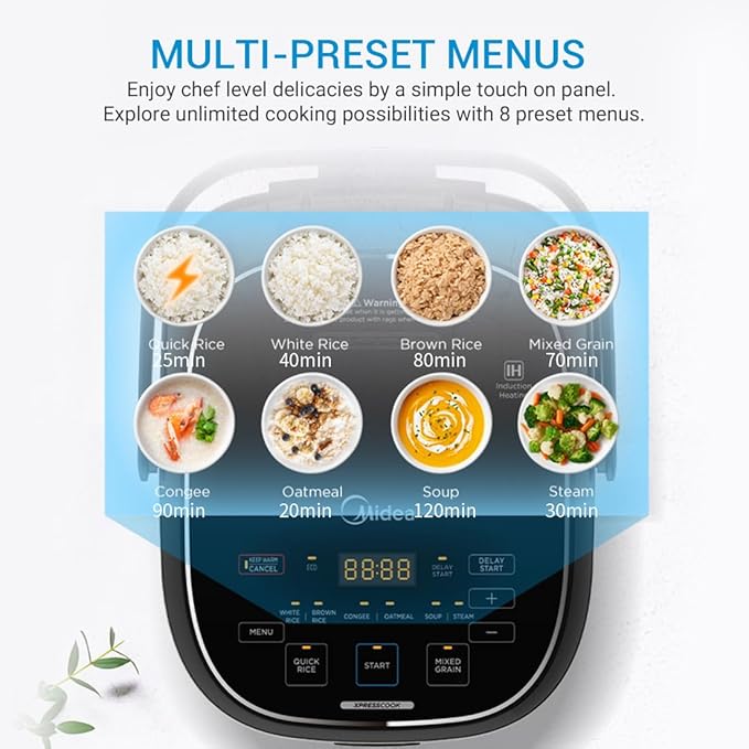Midea 3L Rice Cooker with Steamer Basket 6-Cup Uncooked Capacity Induction Heating &amp Fuzzy Logic Technology 24h Delay Start &amp Keep Warm Non-Stick Inner Pot
