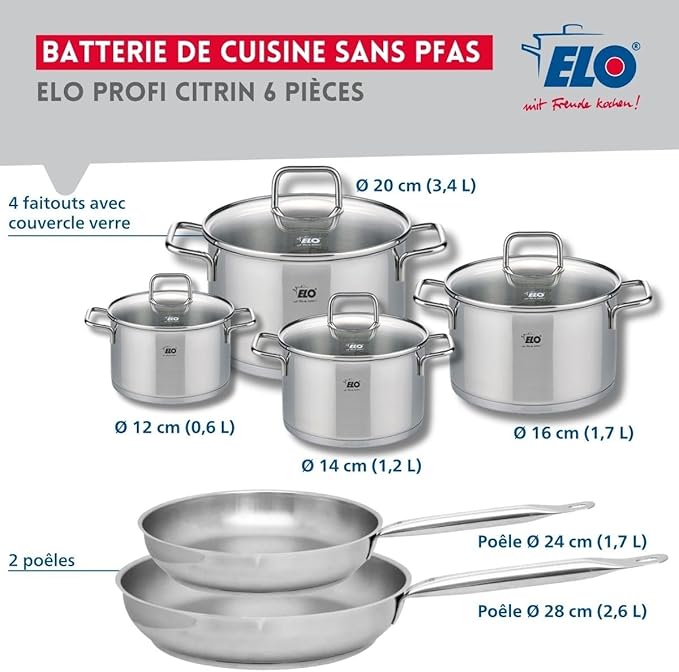 ELO 9504050 6-Piece Cookware Set 2 Frying Pans 24 and 28 cm and 4 Saucepans 12 14 16 and 20 cm Elo Profi Citrine Stainless Steel Induction