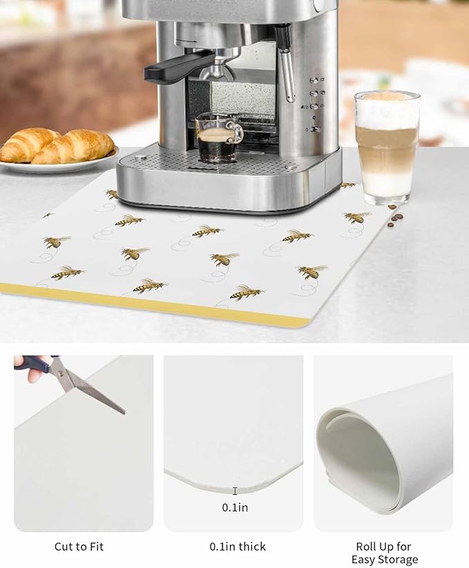 Coffee Mat for Counter Spring Bees Pattern Yellow Stripes Absorbent Hide Stain Coffee Bar Mat Non-slip Coffee Bar Accessories Kitchen Drying Mat Fit Under Coffee Maker Espresso Machine