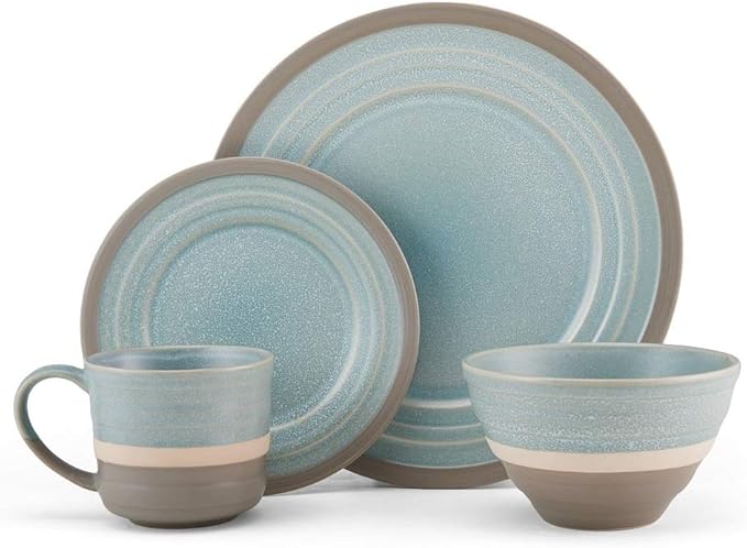 16 Piece Mid-Century Modern Durable Stoneware Dinnerware Set Casual Microwave &amp Dishwasher Safe Colorful Brown Blue Dinnerware Sets for 4 Round Dinner &amp Salad Plates Bowls and Mugs
