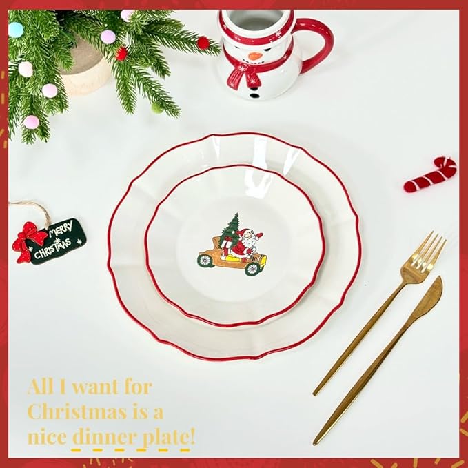 DOMINI 16-Piece Christmas Ceramic Kitchen Dinnerware Set Service for 4 Porcelain Dishes Dinner Set with Dinner Plates Dessert Platescups and Pasta BowlsRound-White Christmas