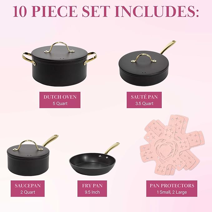 Paris Hilton Iconic Nonstick Pots and Pans Set Multi-layer Nonstick Coating Matching Lids With Gold Handles Made without PFOA Dishwasher Safe Cookware Set 10-Piece Black