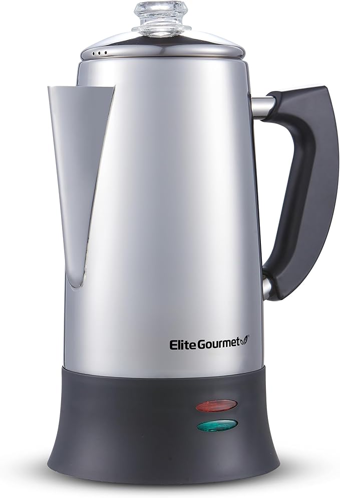 Elite Gourmet EC922 Electric Coffee Percolator BPA Free Keep Warm Glass Clear Brew Progress Knob Cool-Touch Handle Cordless Serve 12-Cup Stainless Steel