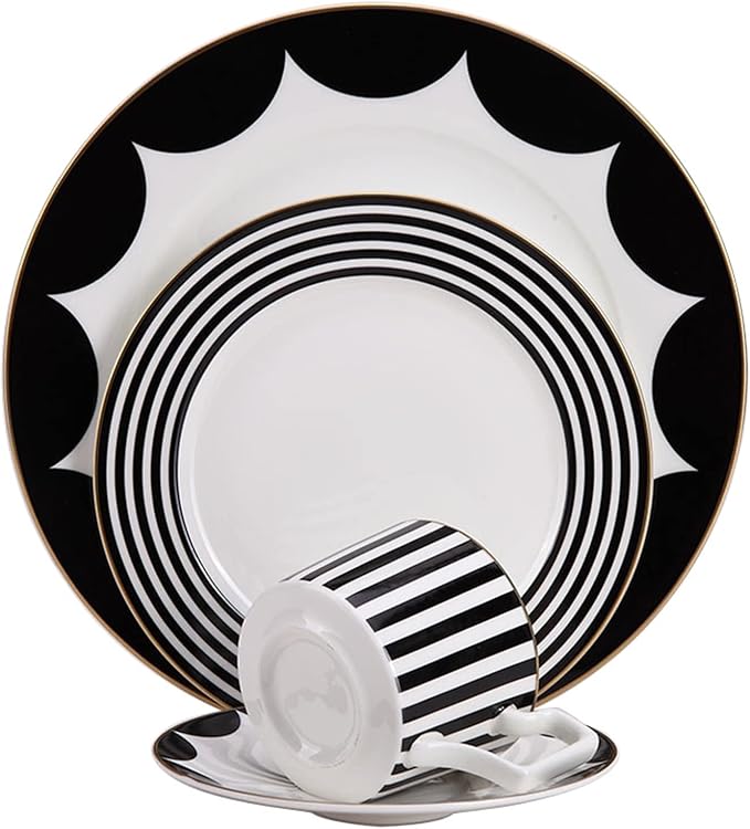8-Piece Dinnerware Set Service for 2 Black and White Striped Geometric Series Include 2 Dishs 2 Salad Plates 2 Mugs and Saucers
