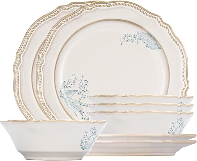 8-Piece Dinnerware Set - Lily Bloom Series Service for 4 Includes 6'' Bowls &amp 10'' Plates Retro Vintage Floral Style Microwave &amp Dishwasher Safe