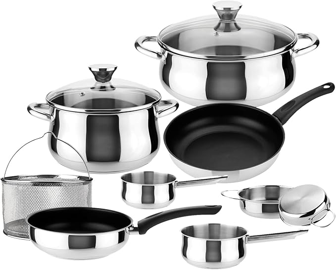 MAGEFESA IDEAL 11-Piece Cookware Set: 2 Stockpots 2 Saucepans 2 Mini Sauté Pans 2 Skillets Mesh Strainer Stainless Steel All Stovetops (Incl. Induction) Dishwasher Safe