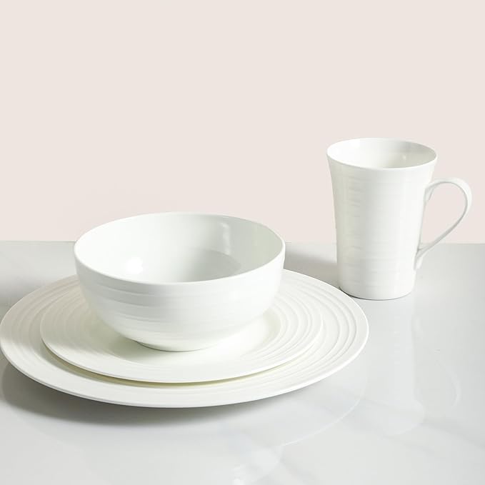 Stone lain Bone China Round Swirl Design 32 Piece Dinnerware Set White