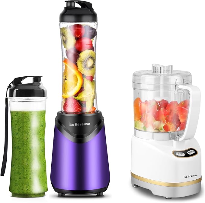 La Reveuse 300W Personal Size Blender (Purple) + La Reveuse 2-Cup Mini Food Chopper (White)