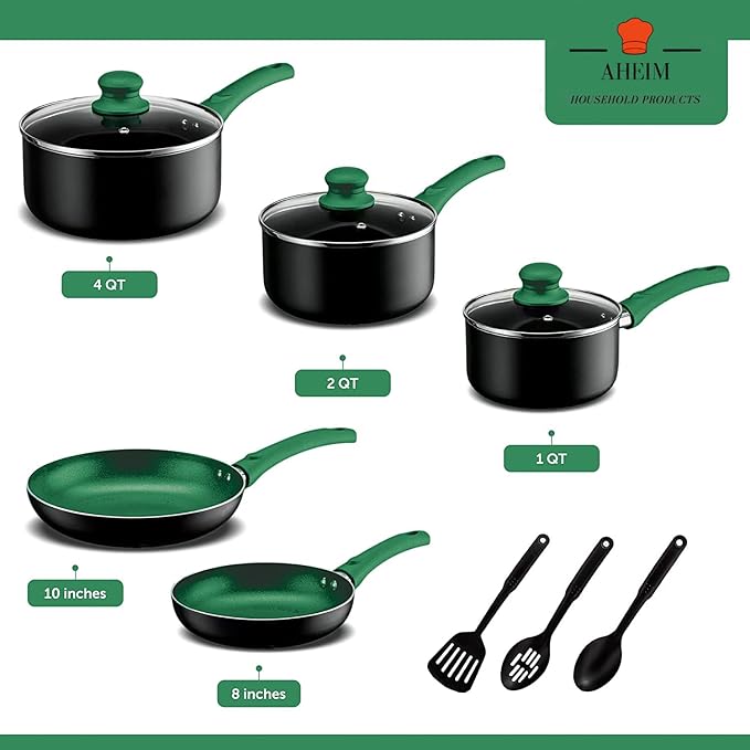 Pots and Pans Set Aluminum Nonstick Cookware Set Fry Pans Casserole with Lid Sauce Pan and Utensils 11 Piece Cooking Set (Green)