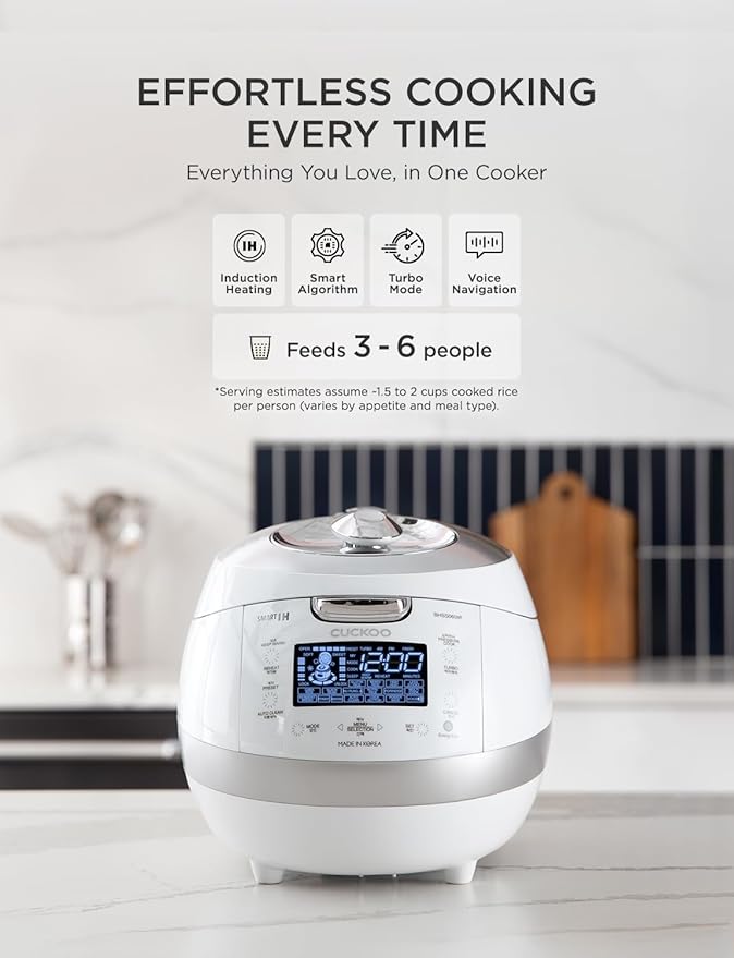 CUCKOO High Pressure Rice Cooker 6-Cup Uncooked / 12-Cup Cooked with Induction Heating Technology Versatile Rice Maker with 16 Menu Options and Steam Plate Voice Guide White (CRP-BHSS0609F)