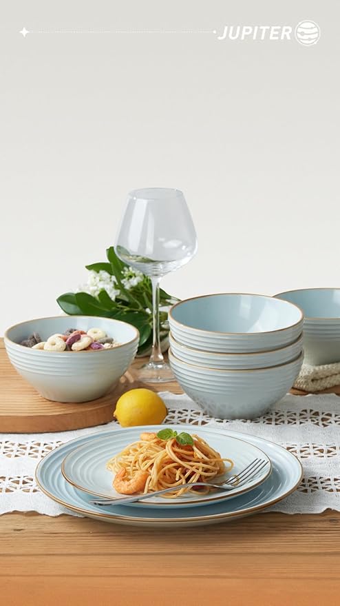 Famiware Jupiter Plates and Bowls Set with Coffee Mugs Set 16 Pieces Dinnerware Sets Light Blue