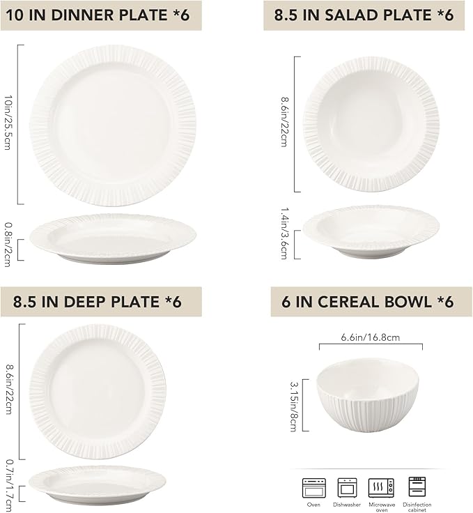 24-Piece White Ceramic Dinnerware Set - Rhine Series Service for 6 Includes Bowls Flat &amp Deep Plates Microwave &amp Dishwasher Safe