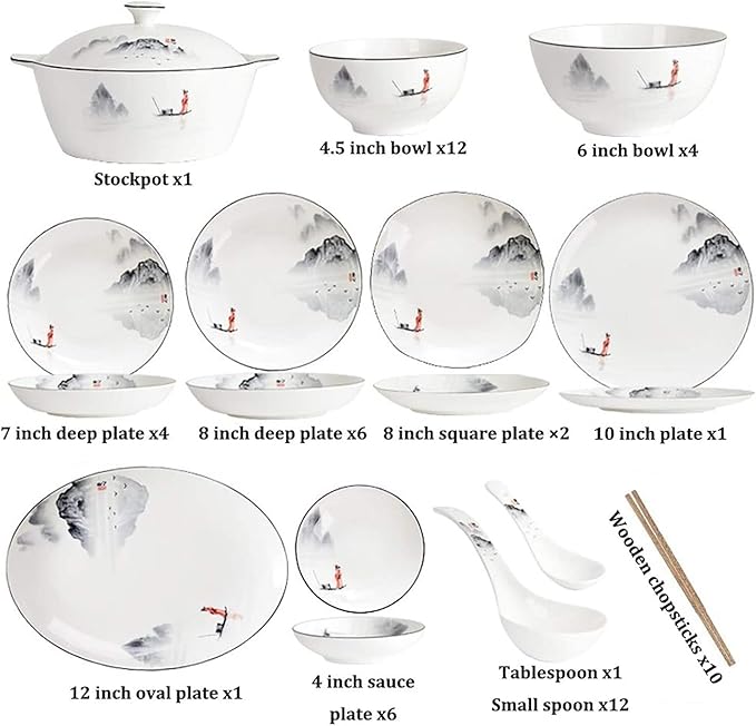 60-piece Dinnerware SetExquisite Porcelain TablewareAntiquity Chinese Style Porcelain SetInk Painting Design Dinner Dishes SetPlates/Bowls/Spoons and Soup PotService for 12
