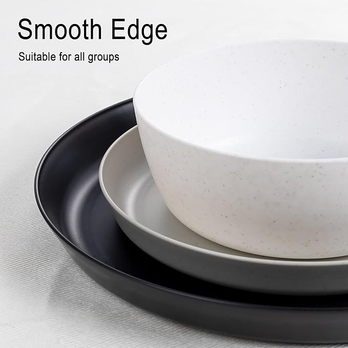EI 12pcs Wheat Straw PlatesWheat Straw Dinnerware SetPlate and Bowls SetsPlastic Plates Reusable-WhiteBlackGreyDark GreyDinner Plate Set of 4 KitchenPicnic