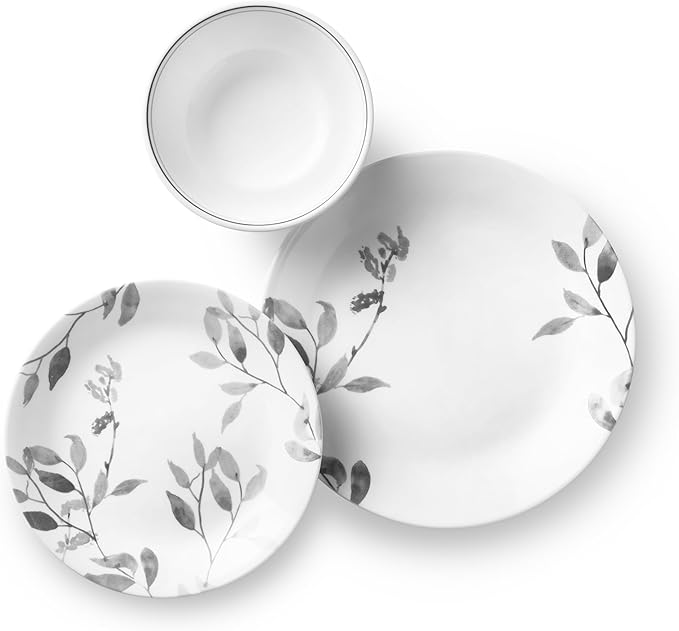 Corelle 12-Piece Vitrelle Misty Leaves Chip and Break Resistant Dinner Set Grey