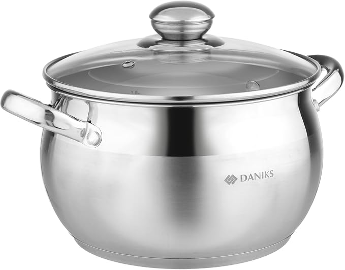 Daniks Classic 4 Quart Stainless Steel Stock Pot with Glass Lid Tri-Ply Bottom for Even Heating Induction Compatible Dishwasher Safe