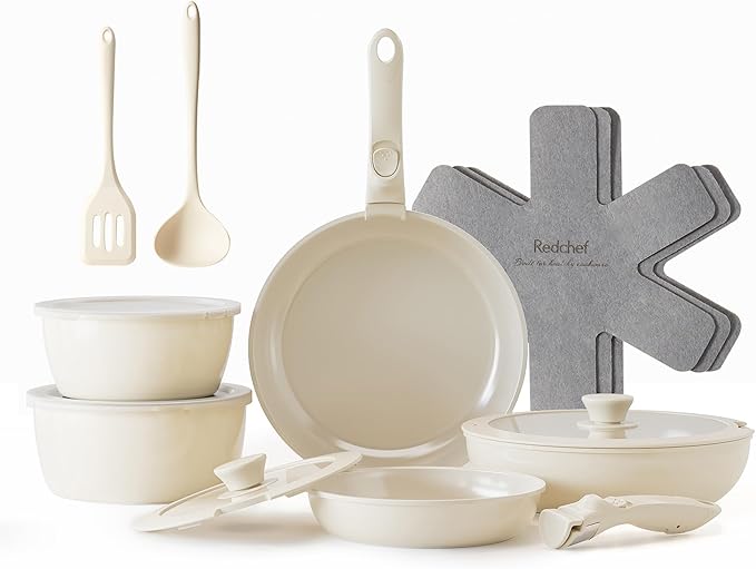 Redchef Ceramic Pots and Pans Set Nonstick Kitchen Cookware Set with Detachable Handle Non Toxic Cookware Set 16pcs PFAS PFOA &amp PTFE Free RV Ceramic Cookware for Camping Dishwasher/Oven Safe