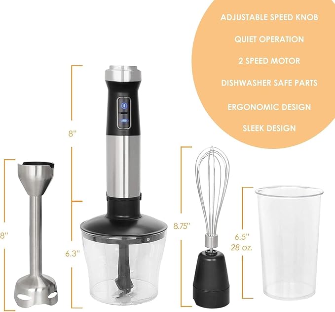 4-in-1 Immersion Hand Blender with Speed Control – Multipurpose Stick Blender with Whisk Chopper and Beaker – Powerful 300W for Smoothies Soups Sauces &amp More