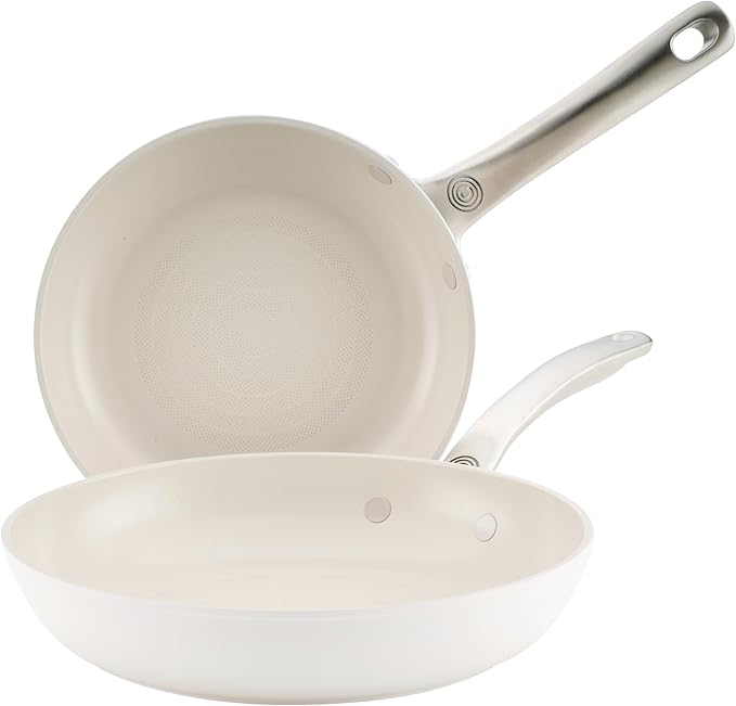 Circulon Halo with LaserDefense Ceramic Nonstick 2-Piece Skillet Set/Frying Pans Made without PFAS Compatible with All Stovetops Dishwasher and Oven Safe 8 Inch and 10 Inch Fry Pans - Pearl White