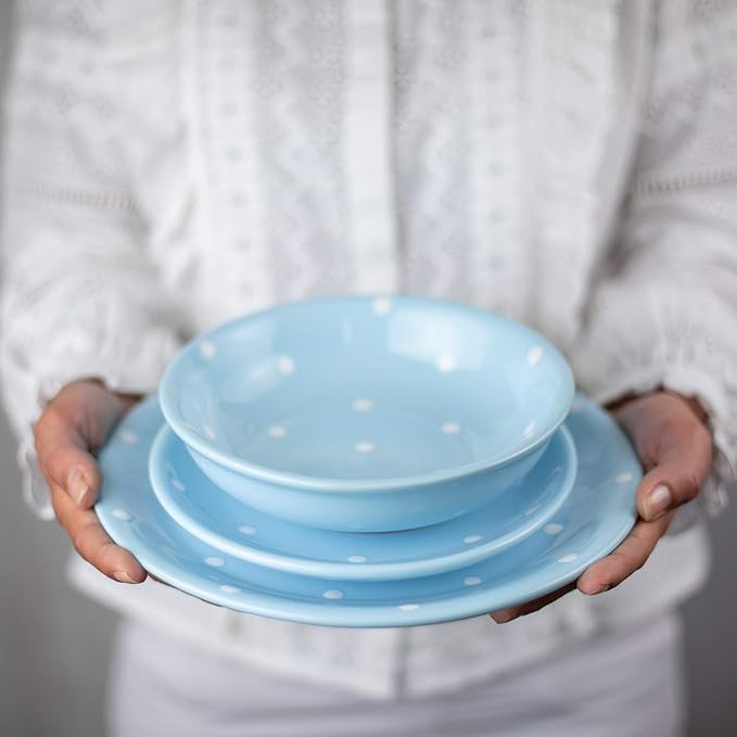 Handmade Light Sky Blue and White Polka Dot Ceramic 12 piece Dinnerware Set | Pottery Tableware Service for 4 | Dinner Plates | Side Plates | Bowls | Housewarming Gift by City to Cottage®