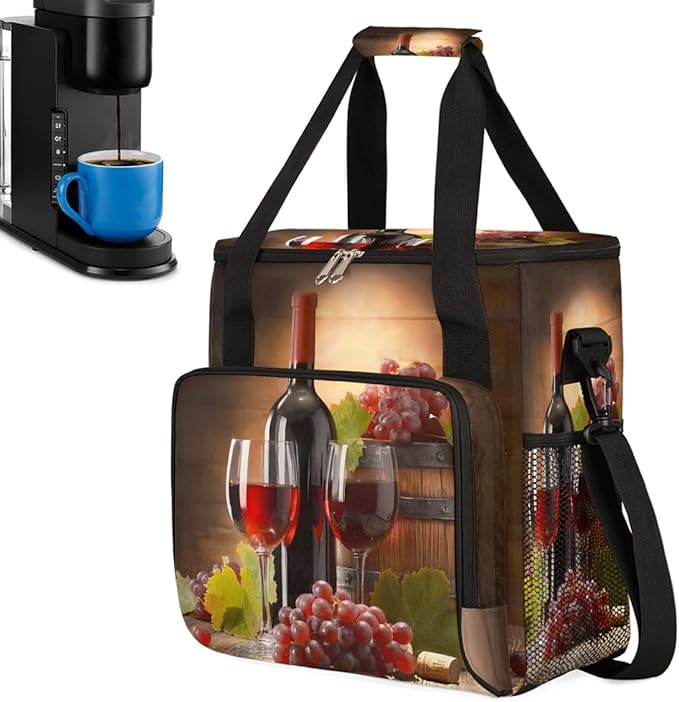 Grape Wine Bottle Glasses Coffee Maker Carrying Bag Coffee Machine Travel Storage Bag Compatible with K-Mini or K-Mini Plus Portable Single Serve Coffees Brewer Case with Pockets for K-Cup Pods